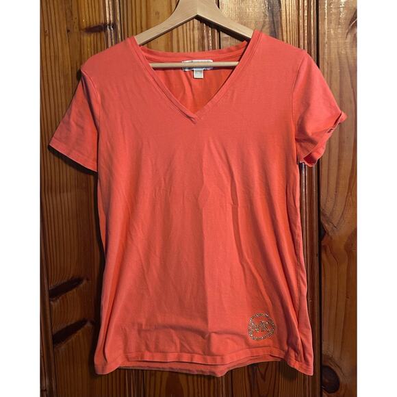 Michael Kors women’s coral tee bedazzled v neck pink size medium - Picture 1 of 4